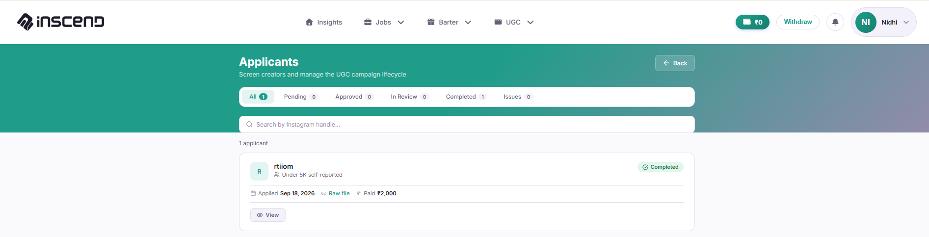 Applicant marked Completed with the raw file link and amount paid shown