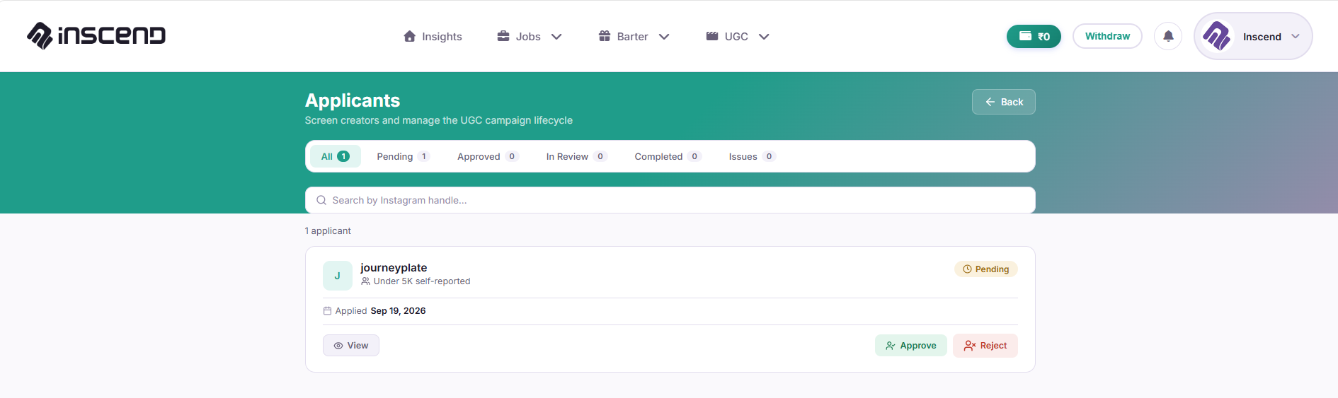 Applicant row with View, Approve, and Reject buttons