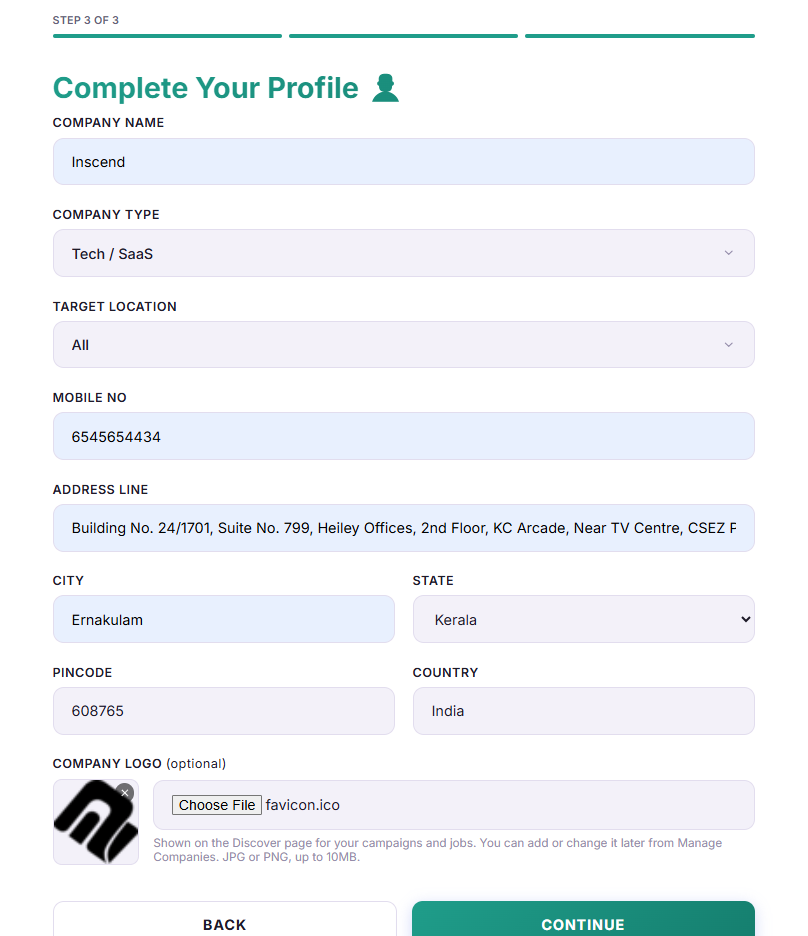 Complete Your Profile form with company name, address fields, and the company logo upload
