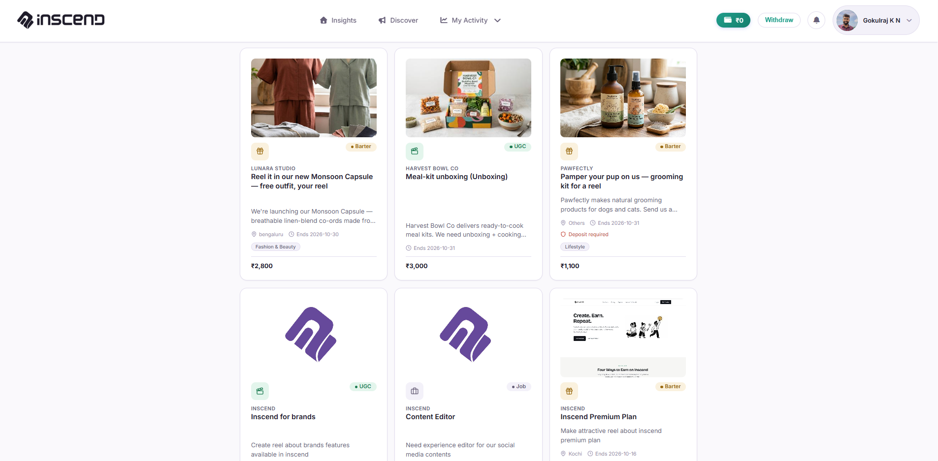Discover page showing live campaigns from brands, including a newly posted listing