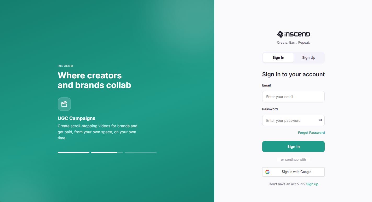 Inscend sign-in screen with the Sign In / Sign Up toggle and the Sign in with Google button