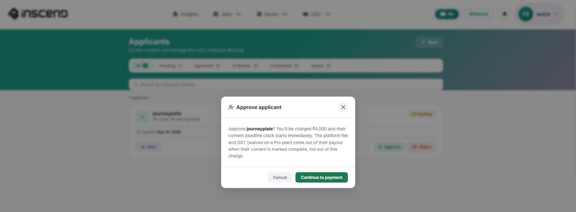 Brands payment confirmation popup after request approval
