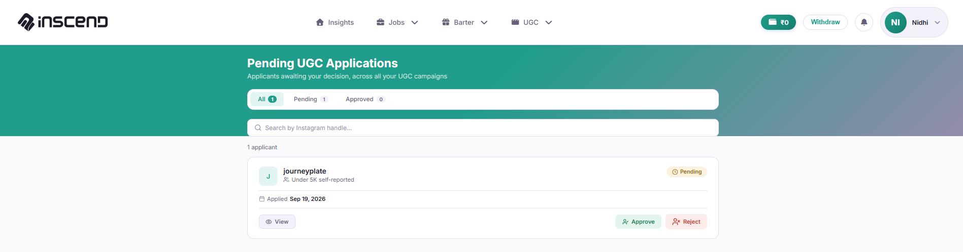 Pending UGC Applications list with creators awaiting a decision