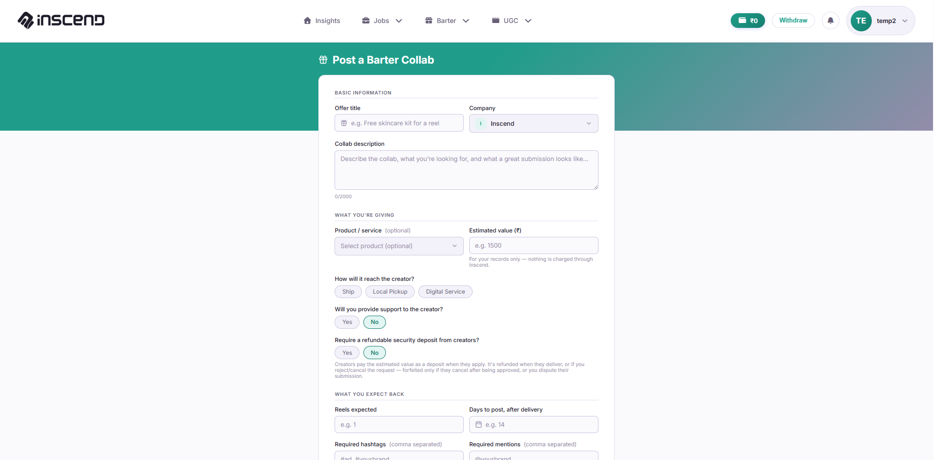 Post a Barter Collab form showing product/service, estimated value, and delivery fields instead of a cash budget