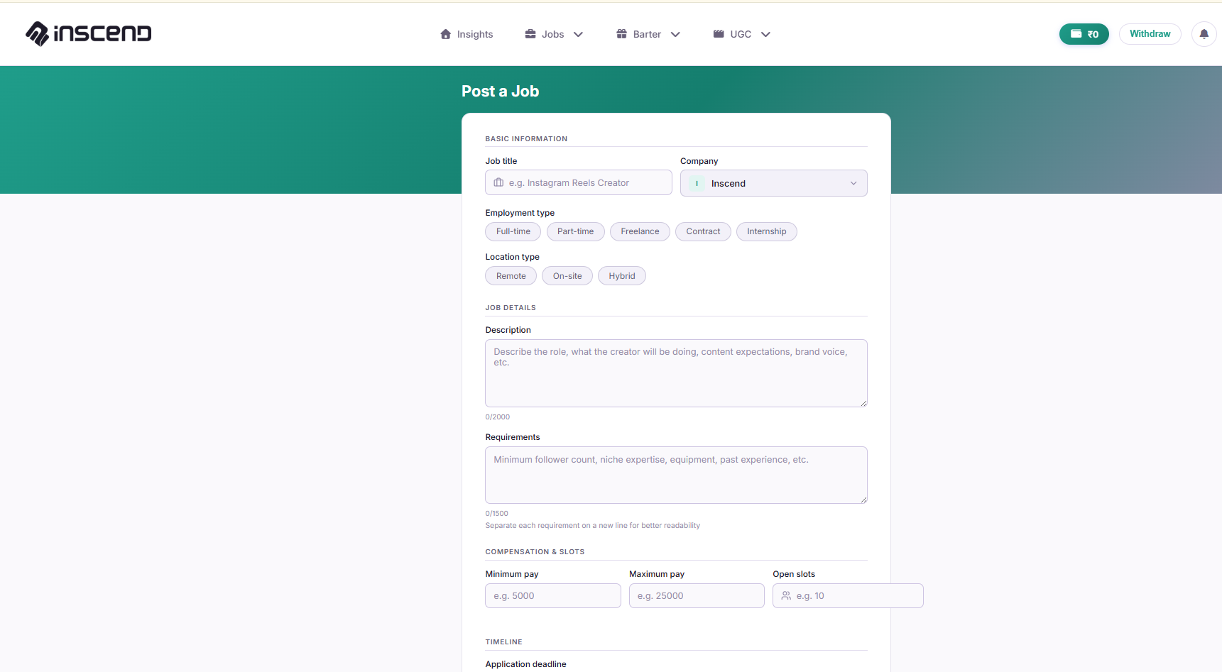 Post a Job form with title, description, requirements, and pay fields
