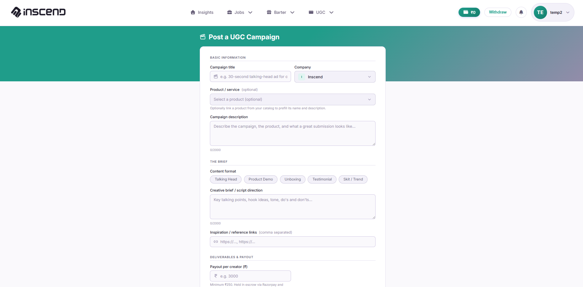 Post a UGC Campaign form with the campaign description and creative brief fields