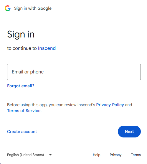 Google sign-in popup asking to continue to Inscend