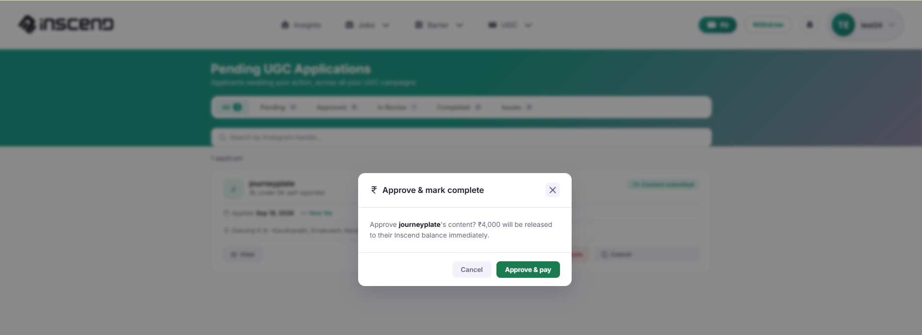 Payment credit to creator post completion of the campaign