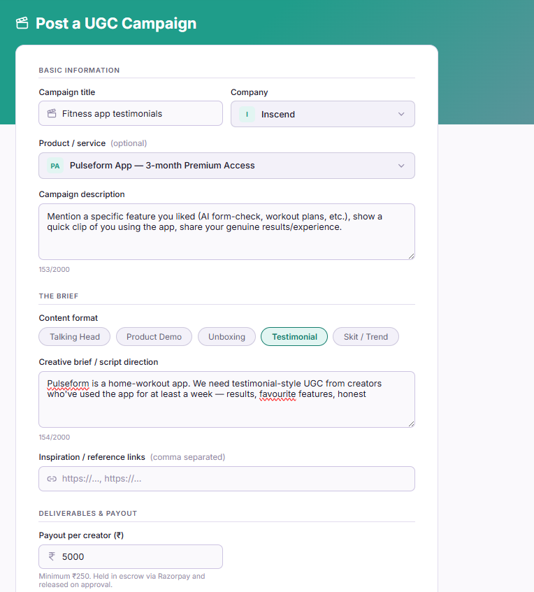 Post a UGC Campaign form showing the payout per creator field and escrow note